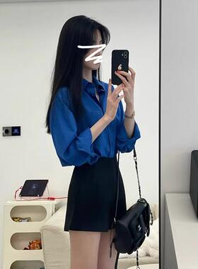 2025新款克莱因蓝色长袖衬衫外套女防晒衬衣宽松气质法式外搭上衣