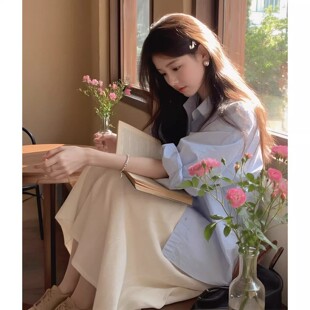 韩系chic氛围感浅蓝色衬衫 衬衣翻领甜美上衣 女休闲气质轻奢长袖