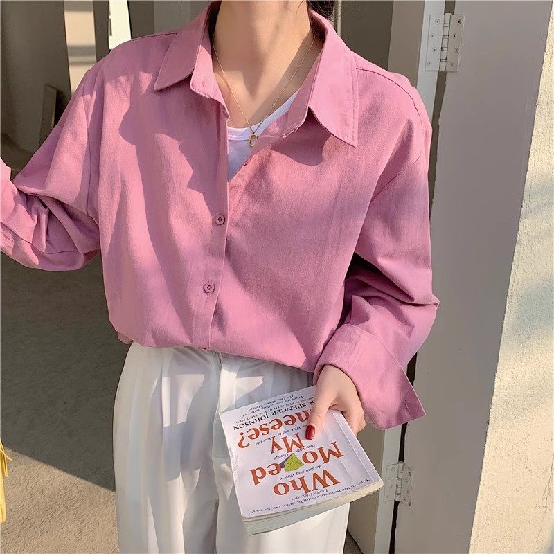 糖果色衬衫女减龄小清新粉色衬衣新款韩版宽松时尚洋气长袖外套