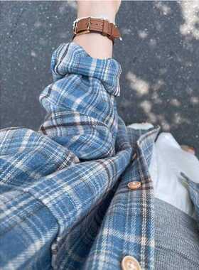 美式复古慵懒风格子长袖衬衫女设计感蓝色休闲百搭上衣宽松外套