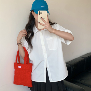 学院风夏季衬衫女短袖百搭中长款宽松白色轻熟设计感小众BF风外套
