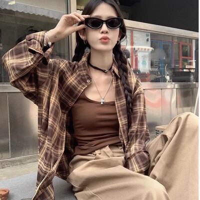 美式复古咖色格子长袖衬衫男女外套春秋新款美拉德中长款休闲衬衣