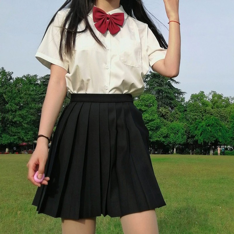 夏季新款口袋宽松短袖纯色白色衬衫女领结学院风jk休闲小个子上衣