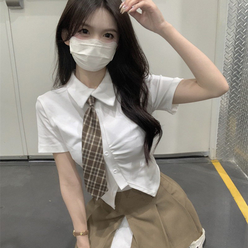 白色短袖衬衫女设计感收腰短款领带jk休闲日系学院风夏季短袖上衣
