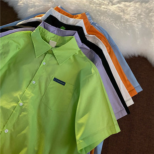 女夏季 衬衫 polo领上衣潮 纯色显瘦短袖 港味复古学院风宽松休闲薄款