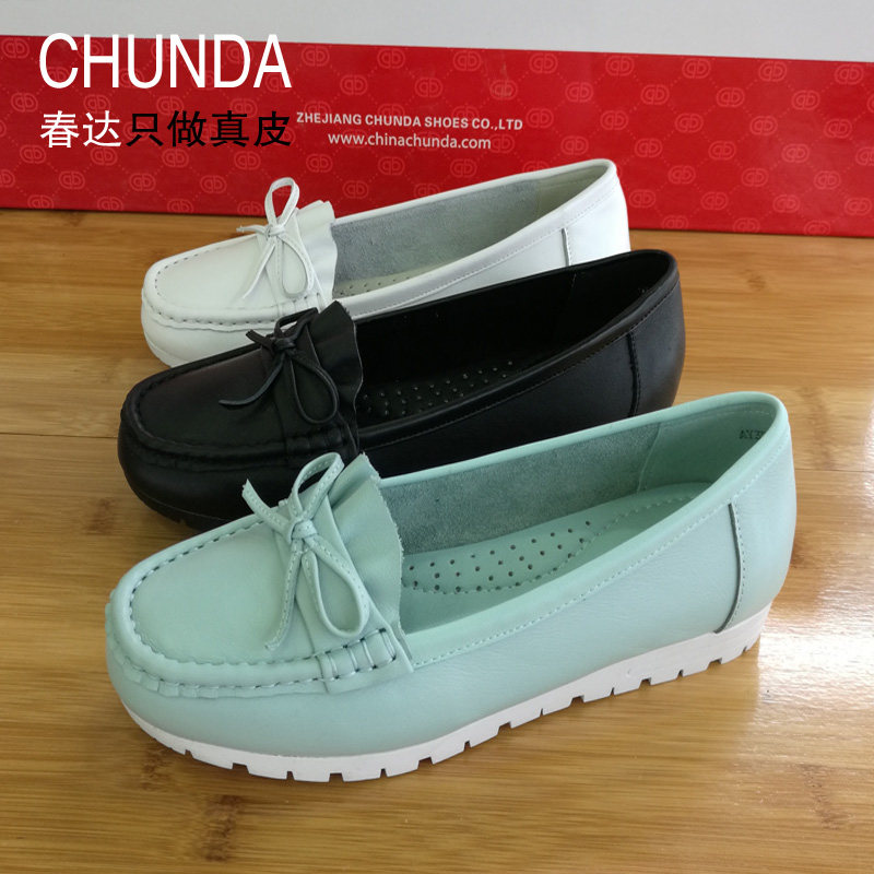 春达新款正品女鞋真皮蝴蝶结休闲鞋牛皮豆豆女士皮鞋平底3508063