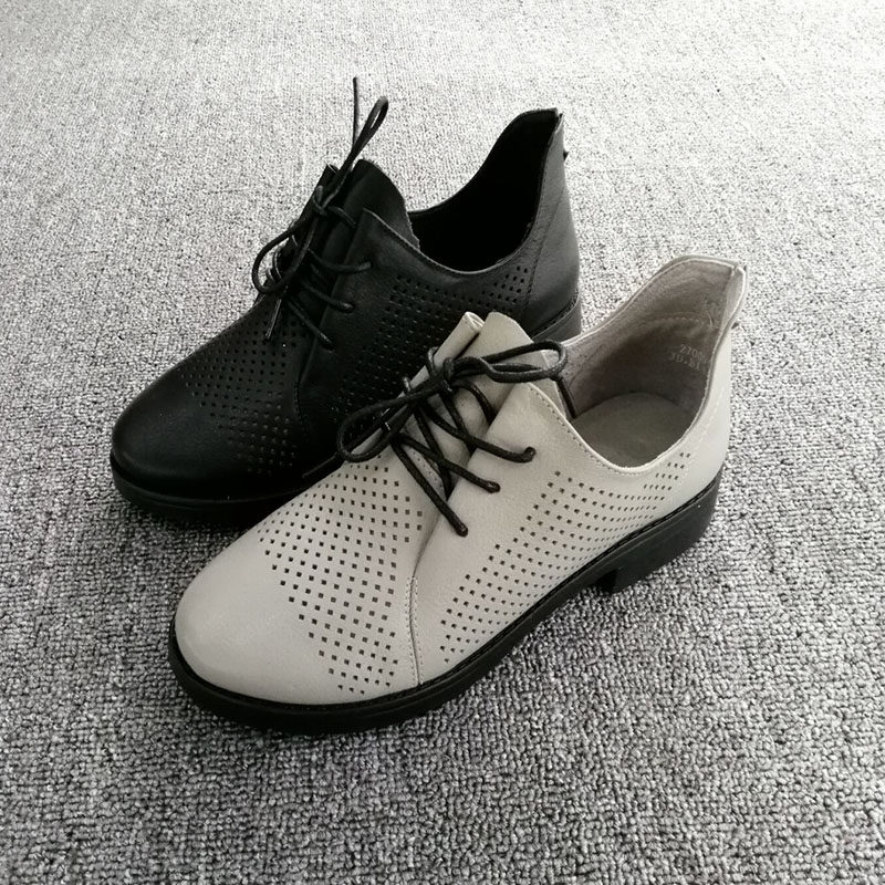 春达春季真皮中跟女士小皮鞋透气镂空洞洞女鞋深口系带粗跟女单鞋