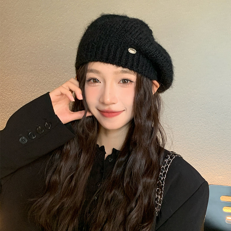 显脸小女帽秋冬毛线贝雷帽子保暖休闲百搭英伦优雅时尚南瓜1024e