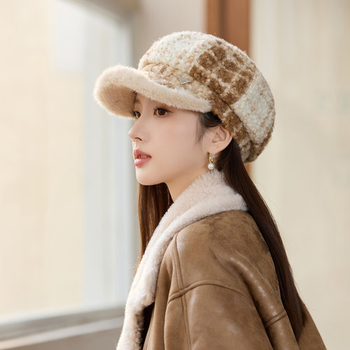 毛边格纹鸭舌帽女士秋冬季