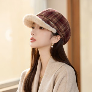 毛边格纹鸭舌帽子女士秋冬季2025新款画家帽时尚优雅防晒八角帽子