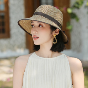 时尚洋气草帽夏季2025海边出游大檐遮阳防晒帽圆顶渔夫帽子显脸小