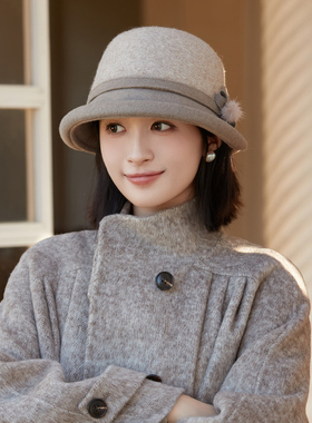 盆帽出游优雅女秋冬羊毛混纺