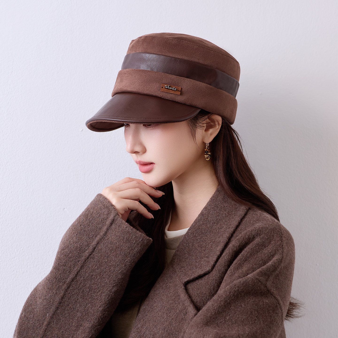 海军风平顶马术帽女士2026秋冬款时尚休闲显脸小遮阳皮檐鸭舌帽子