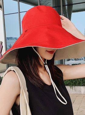 15cm超大帽檐双面渔夫帽子女夏天韩版出游红色遮阳帽防晒防紫外线