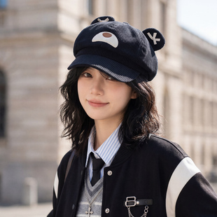 甜美可爱小熊耳八角鸭舌帽女2026秋冬英伦复古显脸小报童贝雷帽子