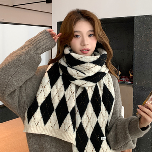 加厚保暖防寒情侶款 披肩圍脖 高級感菱形圍巾女2025秋冬季 含羊毛