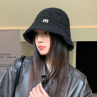 2025新款 针织毛线渔夫帽女秋冬百搭显脸小水桶帽花边蕾丝盆帽ins