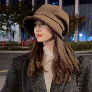 2025新款 帽子女秋冬护耳加厚绒八角贝雷帽大头围显脸小渔夫帽防晒