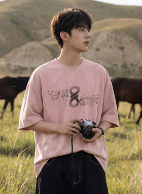 仿麂皮绒美式短袖T恤男夏季仿刺绣射线撞色印花半袖情侣宽松体恤