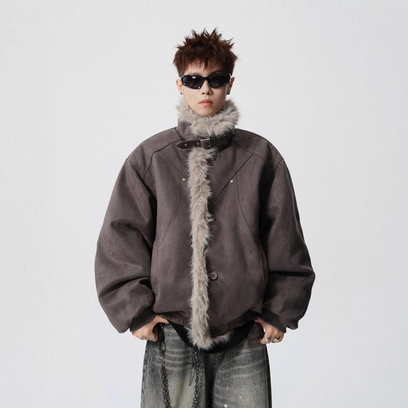 美式座山雕麂皮绒解构加厚棉服男女复古休闲潮牌保暖情侣棉衣