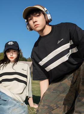 复古撞色拼接设计短袖T恤男情侣夏季新款质感圆领宽松刺绣体恤衫