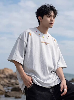 美式复古纯棉印花字母花卉短袖t恤男夏季半袖上衣