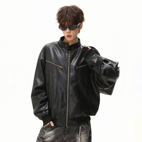 美式街潮防风立领PU皮衣夹克男秋季复古宽松廓形机车服外套