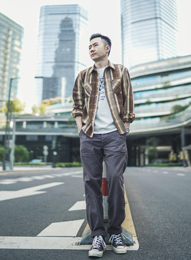 小溪秋冬复古咔叽咖啡格子衬衫男士长袖休闲百搭韩版潮流宽松衬衣