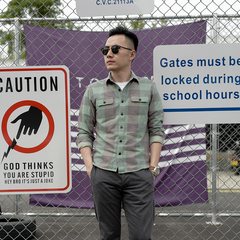 复古修身青年秋冬季原创格子衬衫