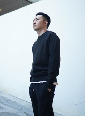 黑色卫衣男士重磅加绒日系复古潮流圆领无帽套头情侣卫衣秋冬新款