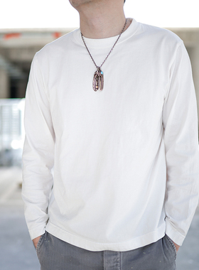日系270g重磅长袖T恤男纯棉复古休闲白色打底衫春秋情侣上衣INS潮