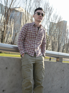 红白条纹格子衬衫男长袖休闲修身衬衣2025秋季新款小溪原创9-2潮