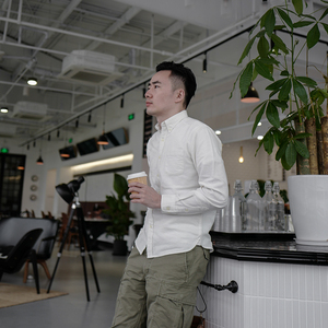 长袖衬衫男士2023新款色纺磨毛纯棉休闲复古宽松白衬衣外套秋冬潮
