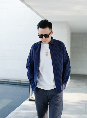 BF原创wabash全棉美式复古条纹衬衫男长袖工装蓝色休闲衬衣青少年