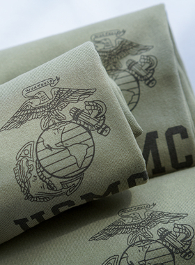新款纯棉男士短袖t恤USMC咔叽复古圆领印花做旧军绿色半袖体恤T