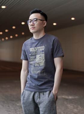 BF原创自制纯棉卡通修身男士双面印花炭灰色圆领短袖 复古休闲T恤