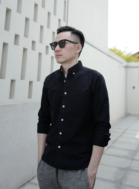 小溪自制全棉纯色休闲牛津纺衬衫男士长袖潮流修身余文乐黑白衬衣