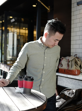 小溪原创纯棉休闲衬衫男人字纹长袖修身青少年帅气春季基础款衬衣