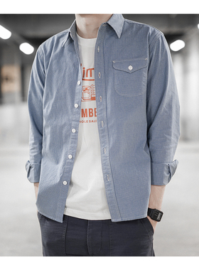 小溪原创春秋纯棉男士修身淡蓝色细格子复古衬衫时尚情侣休闲上衣