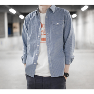 时尚 淡蓝色细格子复古衬衫 情侣休闲上衣 修身 小溪原创春秋纯棉男士