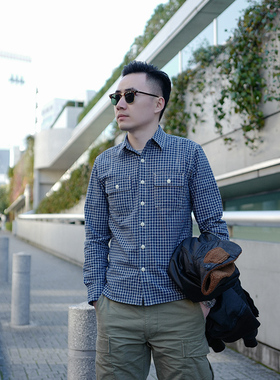 小溪原创蓝白格子复古衬衫男长袖休闲修身衬衣春秋新款青少年上衣