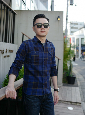 小溪原创日系复古蓝色格子衬衫男青春纯棉休闲修身bf咔叽厚衬衣潮