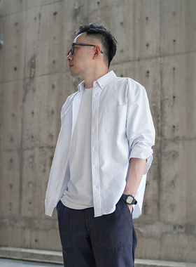 小溪自制日系复古春秋纯棉牛津纺竖条纹长袖衬衫男宽松版男士上衣