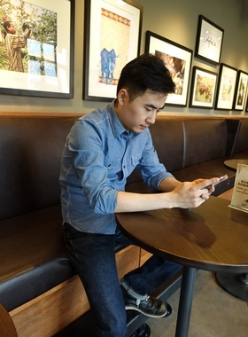 小溪原创秋季新款全棉长袖衬衫男士美式复古条纹工装衬衣休闲修身