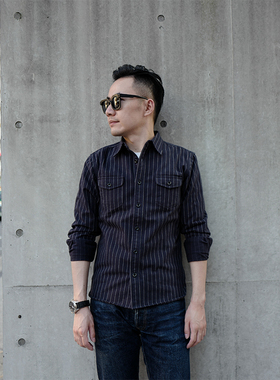 黑色wabash纯棉美式复古工装衬衫男长袖修身休闲帅气青少年潮衬衣