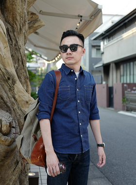 小溪纯棉wabash美式复古工装衬衫男长袖修身休闲帅气青少年潮衬衣