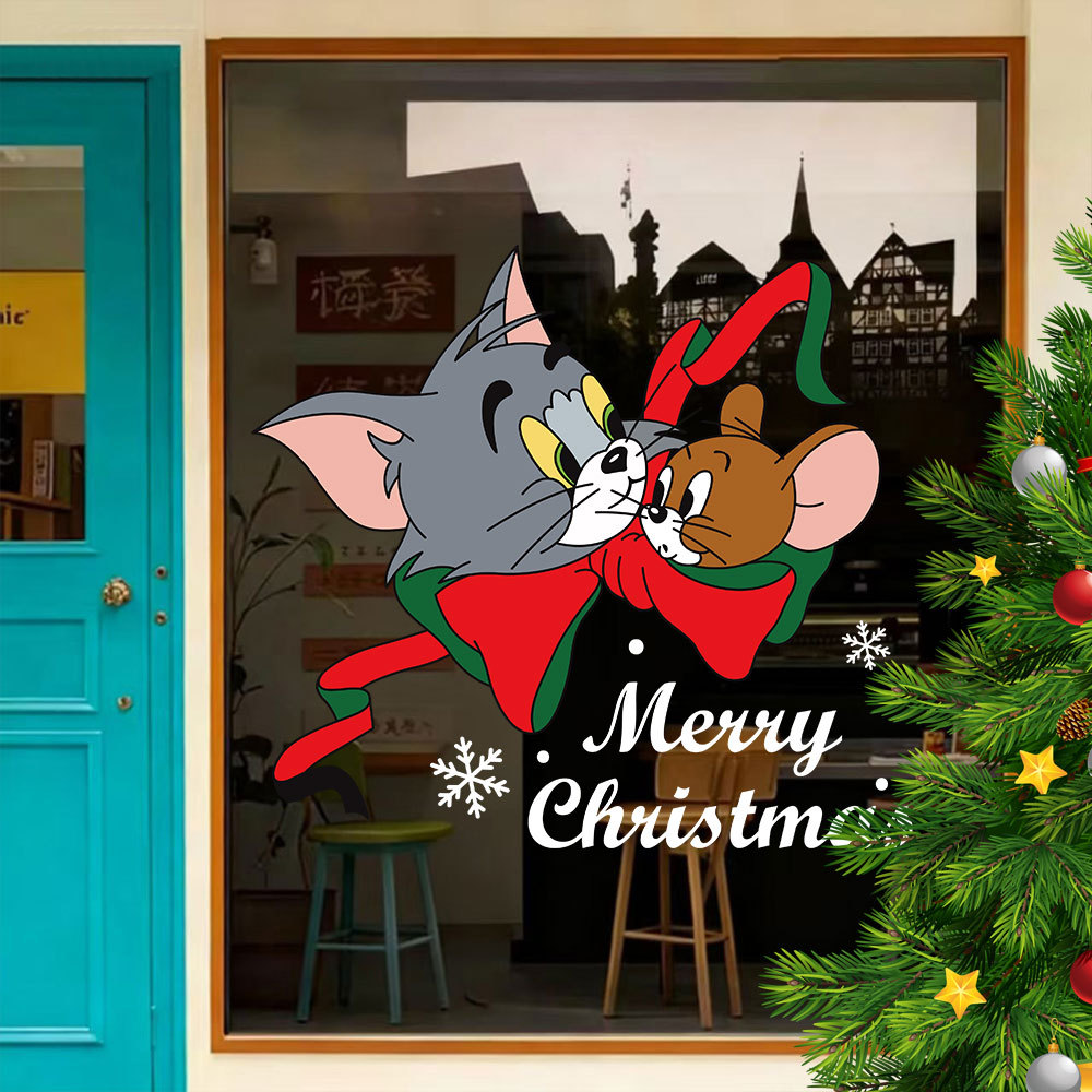 2026圣诞节装饰品卡通猫和老鼠橱窗玻璃门贴贴纸布置贴画窗花窗贴