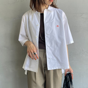 夏装新款日系danton小标刺绣翻领落肩袖单排扣短袖衬衫宽松上衣女