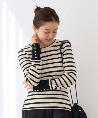 法式轻奢金色纽扣条纹长袖女