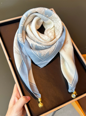 2025新款磁吸扣蓝白中国风丝巾70cm方巾棉麻保暖围巾护颈围脖时尚